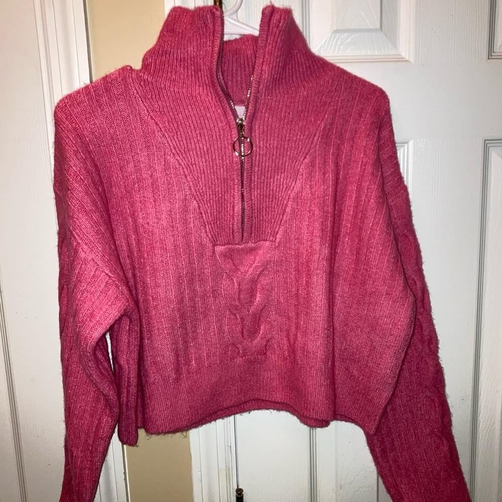 Pink Lily Women’s Pink Crop Sweater 3/4 Zip Size Small